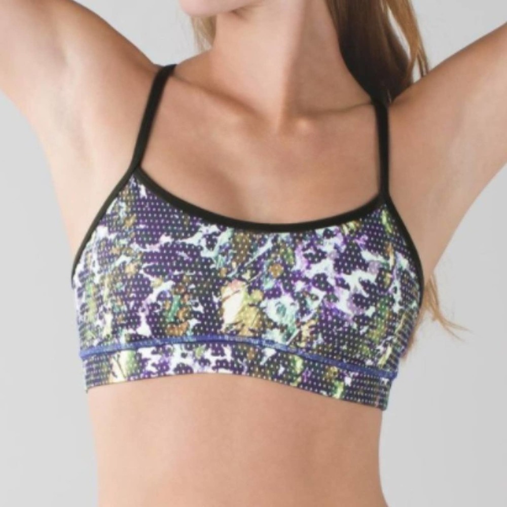 Lululemon Flow Y Sports Bra Floral Multi Gator Green Luon Workout FLAW Size 6